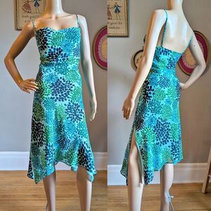 Vintage Y2K Express Midi Dress Blue Foliage Cowl Neck Summer Size 11/12